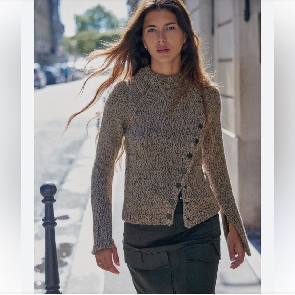 Zara Asymmetrical Button Knit Sweater, Tan & Black Marled, Size Medium